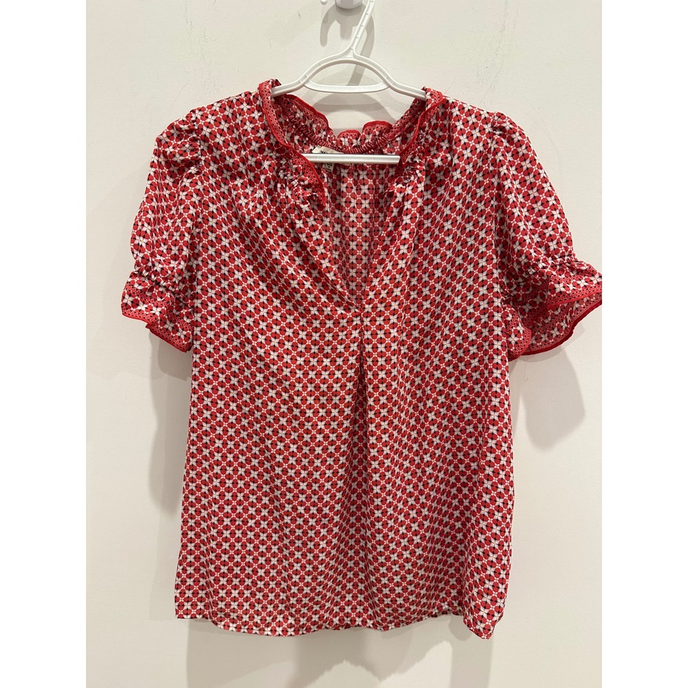 Max Studio Red White Geometric Floral Ruffle V-Neck Blouse XL Short Sleeve Top